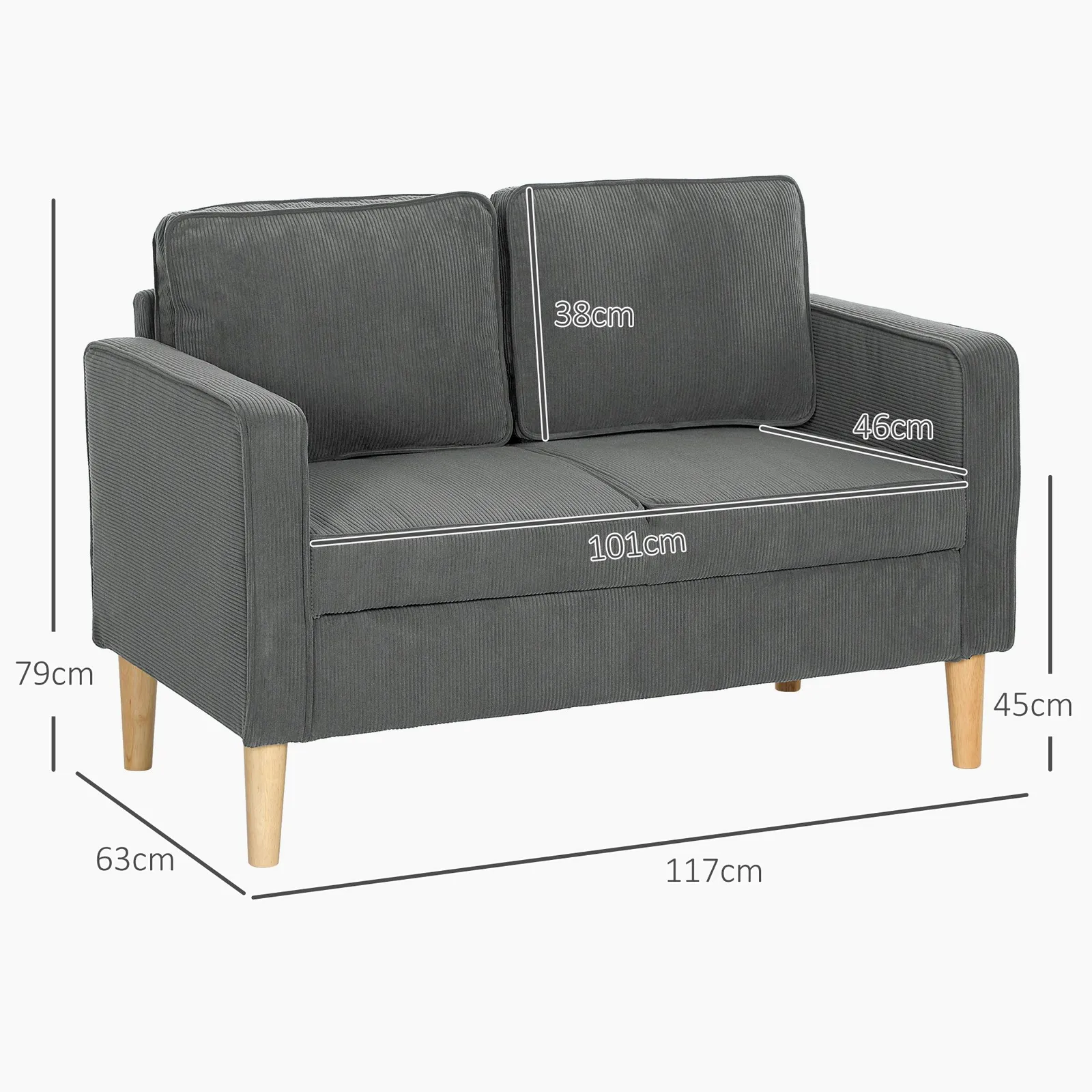 HOMCOM Compact 2 Seater Sofa with Under Seat Storage for Small Spaces in Grey 3
