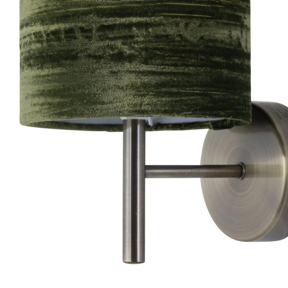 First Choice Lighting Brea - Antique Brass Wall Light with Green Crushed Velvet Shade in Gold 2