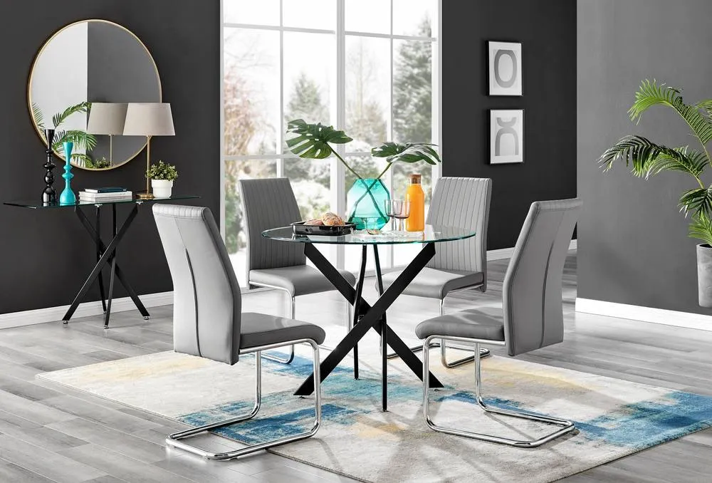 FurnitureboxUK Novara Black Leg Round Glass Dining Table & 4 Grey Lorenzo Chairs