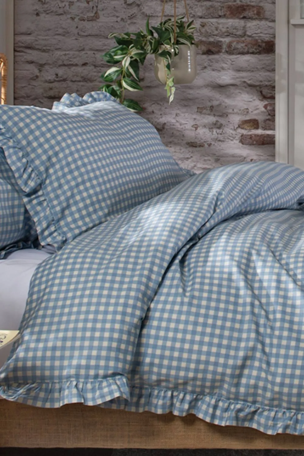 The Lyndon Company Gingham Frilled Cotton Duvet Set Printed with Frill Detailing in Blue 2