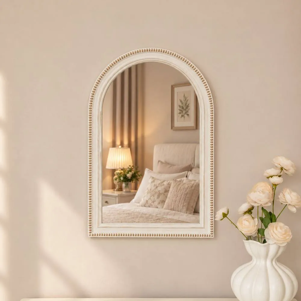 Melody Maison White Washed Distressed Wooden Beaded Frame Wall Mirror - 40cm X 60cm in Cream