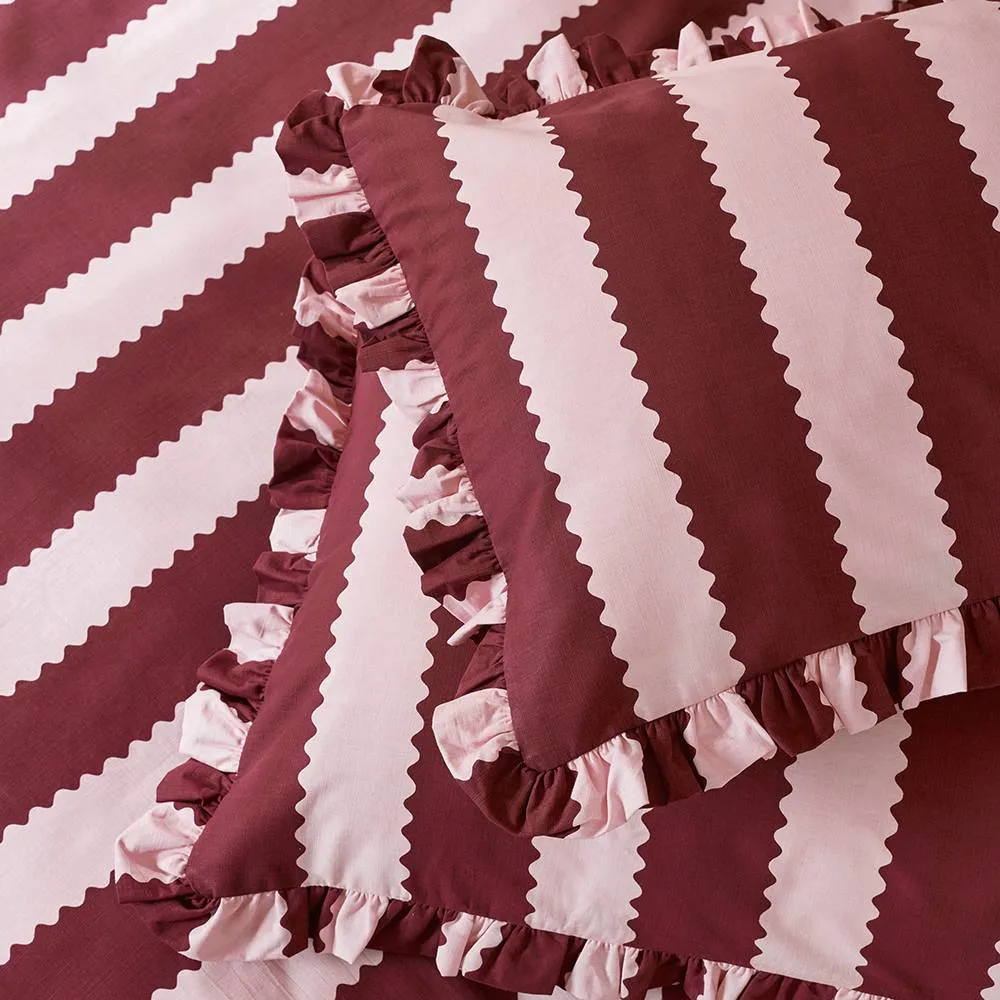 Wylder Birdie Stripe Ruffle Pillowcase Pair in Burgundy 1