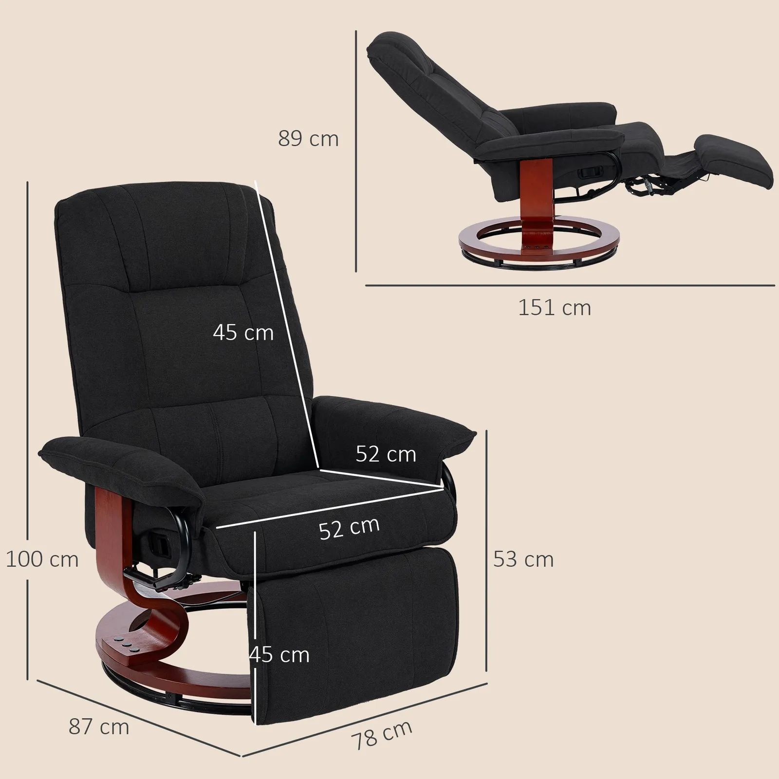 HOMCOM Manual Recliner Swivel Reclining Chair with Footrest Armrests, Black 3