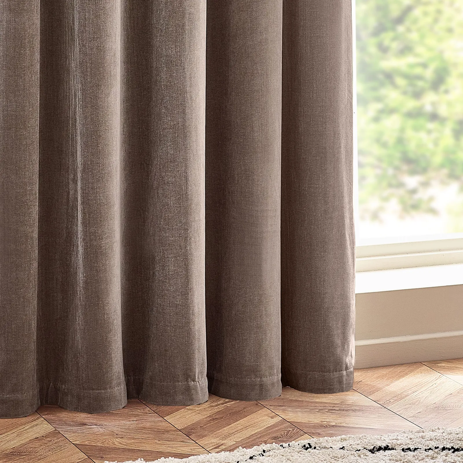 Yard Heavy Chenille Velvet Room Darkening Eyelet Curtain Pair in Beige 4
