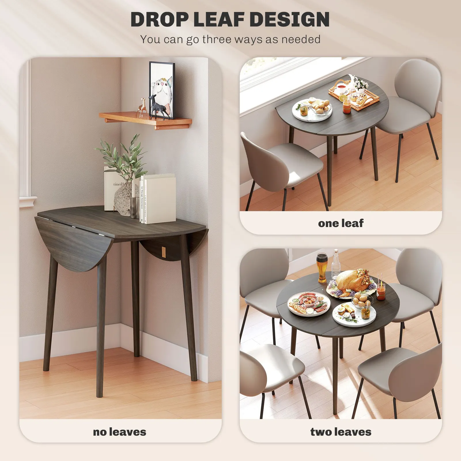HOMCOM Folding Dining Table for 4, Round Drop Leaf Table, Modern Space Saving Small Kitchen Table with Wood Legs for Dining Room in Grey 4