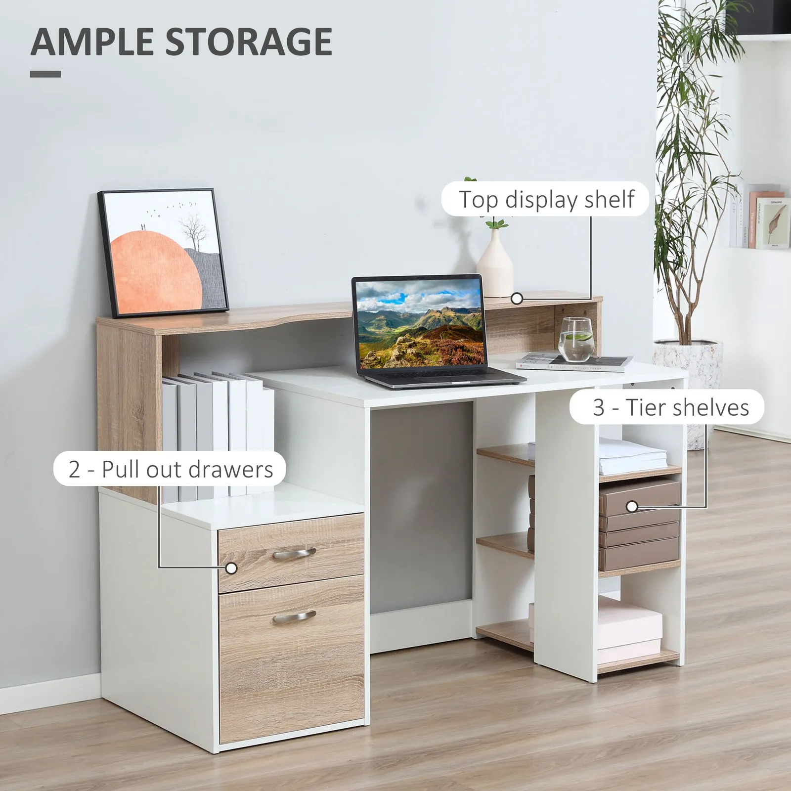 HOMCOM Multi-Storage & Workstation Desk Table Storage Shelves Home Office in Brown 6