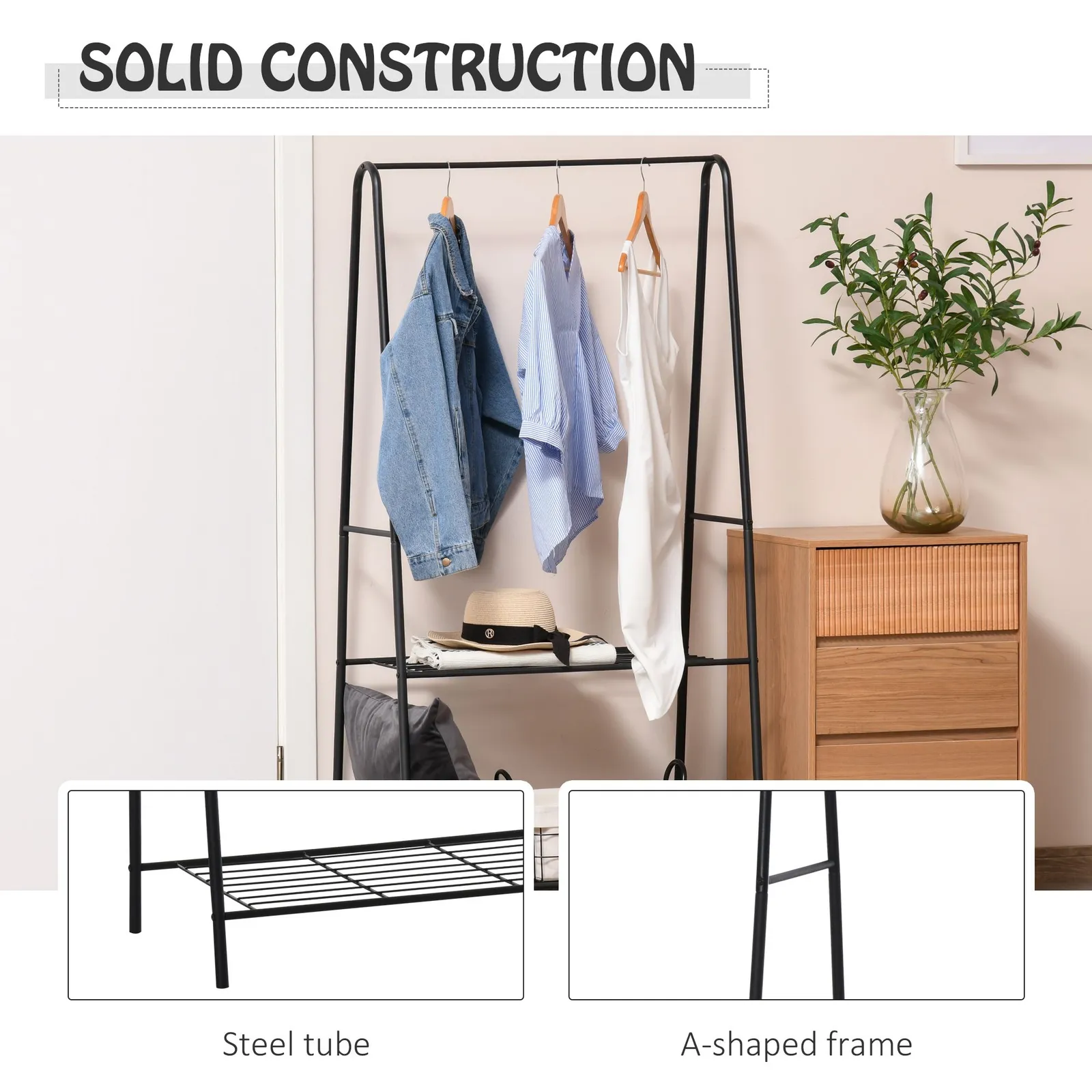 HOMCOM A Shaped Clothes Rack Garment Hanger Stand Hanging Rail 2-tier Shelving Metal in Black 5