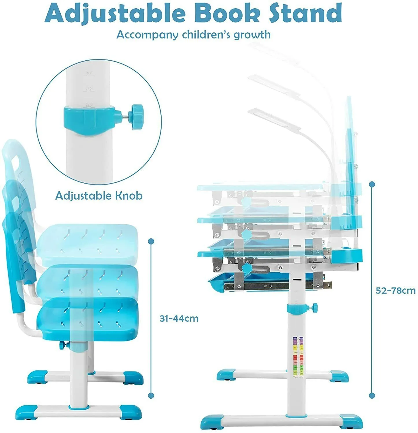 Costway Height Adjustable Study Table & Chair Set w/Book Stand & LED Light in Blue 2