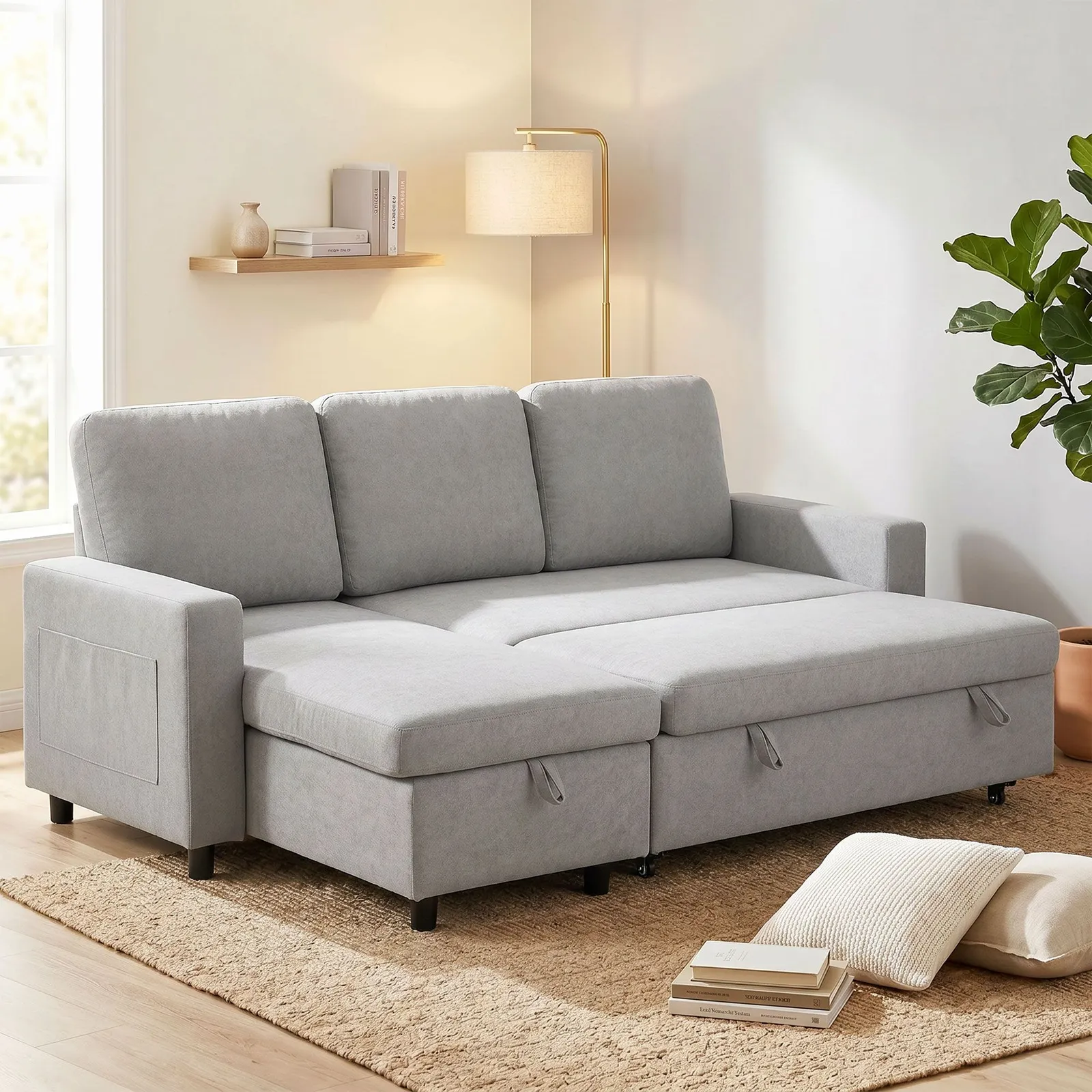 HOMCOM Pull Out Sofa Bed L Shape Corner Sofa w/ Reversible Chaise in Light Grey