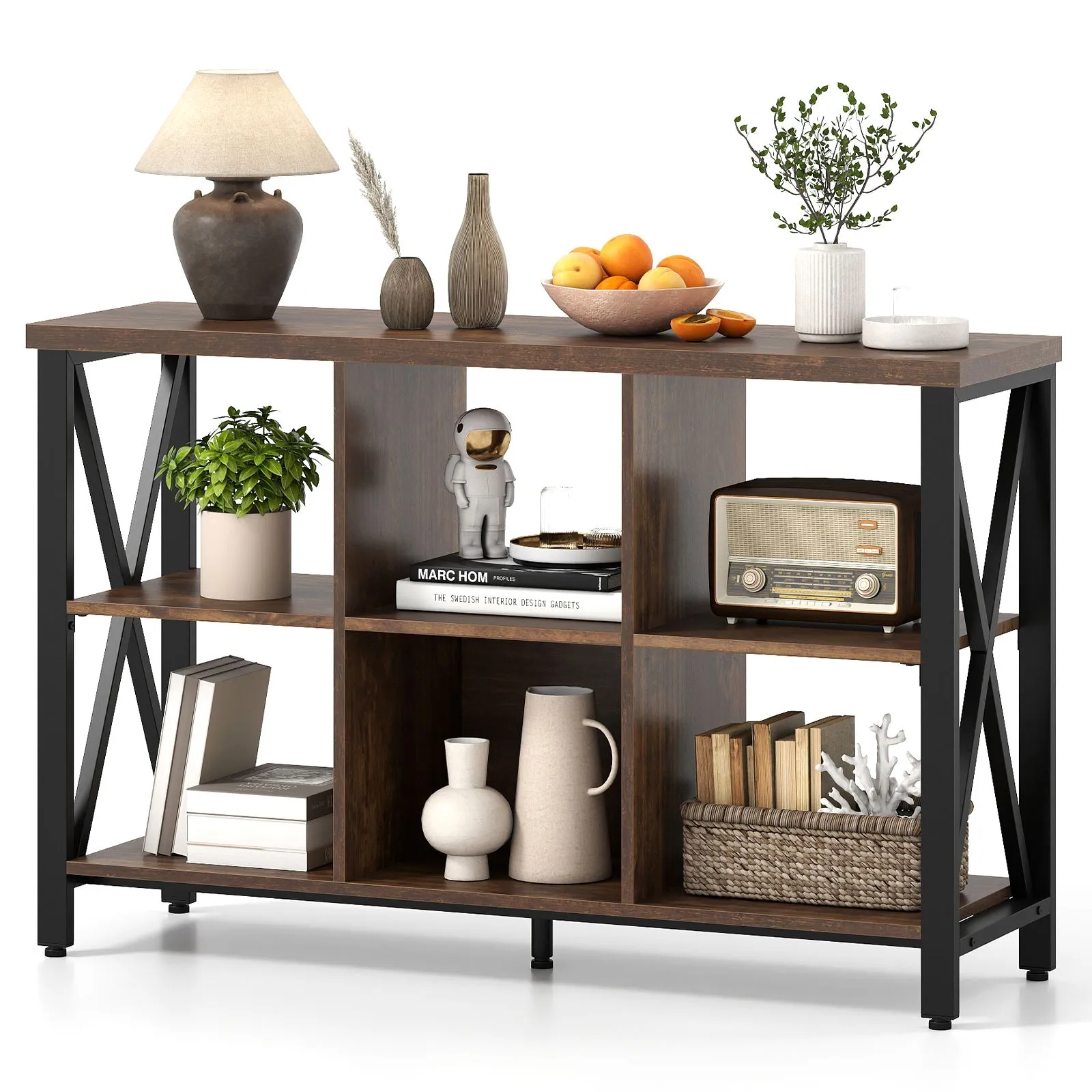 Costway 6-Cube Storage Organizer 120CM Wide Bookshelf w/Open Compartments in Brown