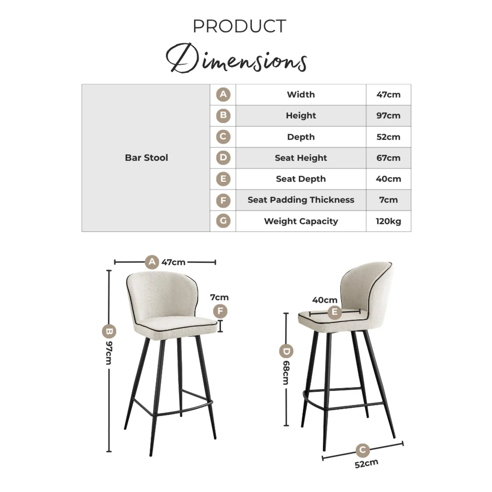 FurnitureboxUK Catriona Fabric Counter Stools Set of 2 in Cream 6