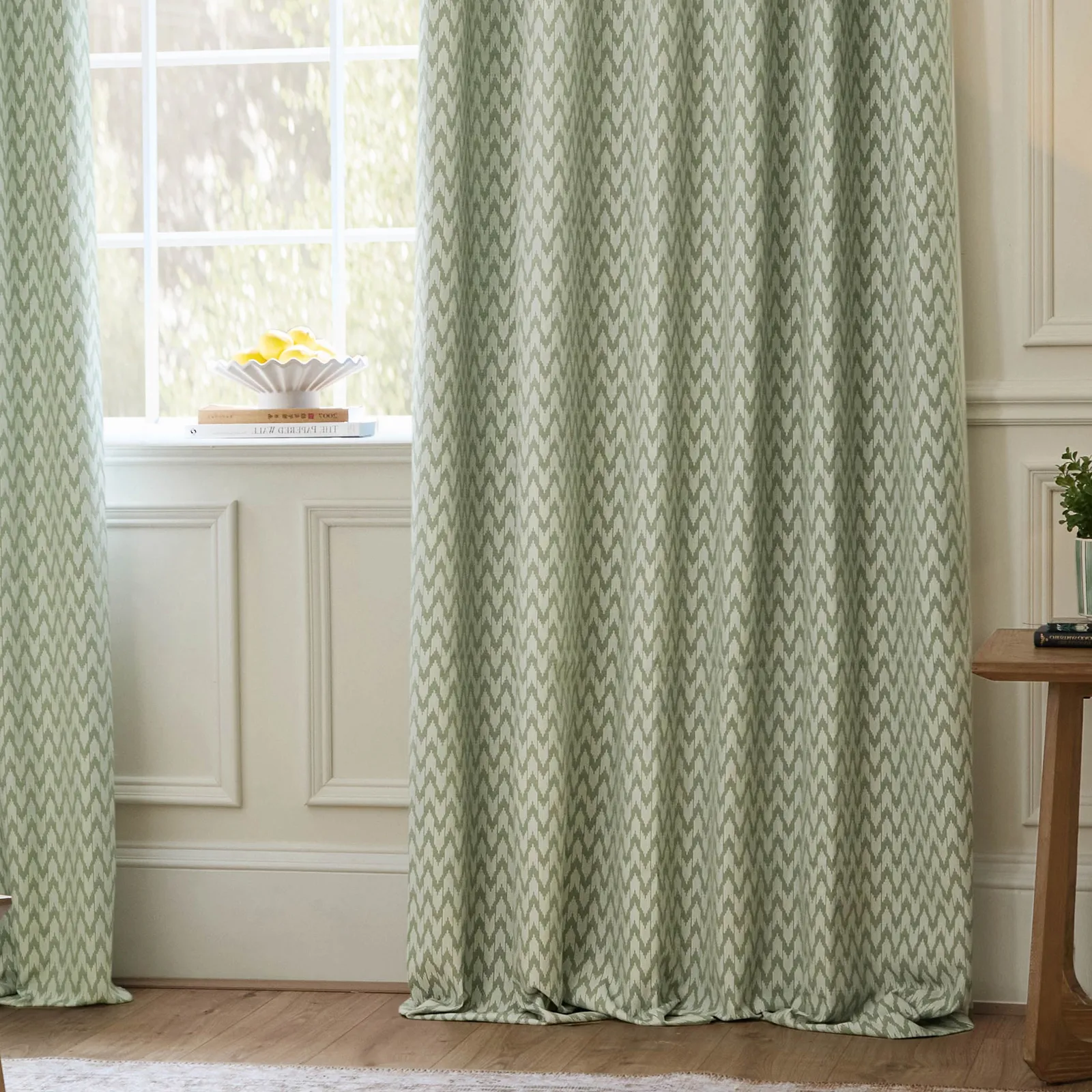 Sanderson Hutton Jacquard Room Darkening Pencil Pleat Curtains in Light Green 4