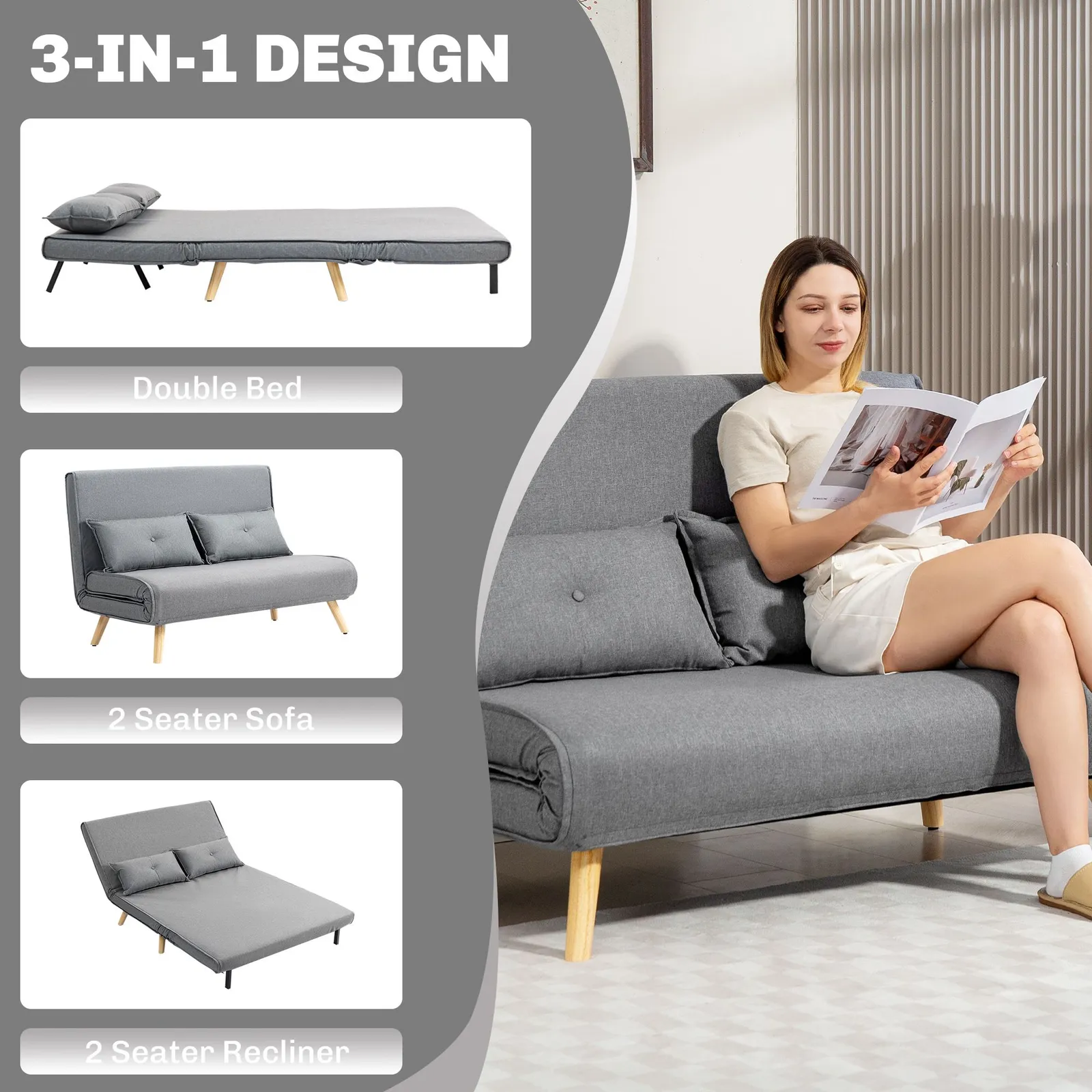HOMCOM Click Clack Sofa Bed, 2 Seater Bed Settee for Living Room in Grey 4