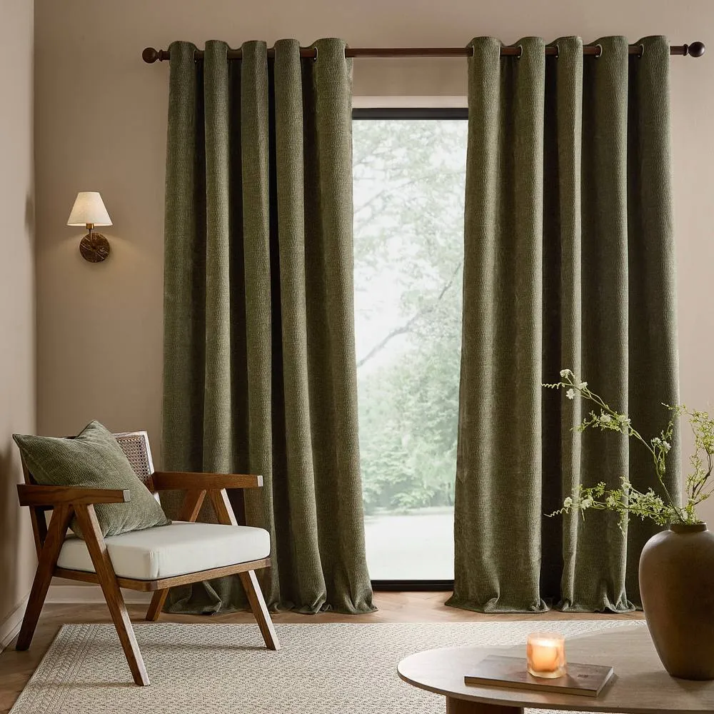 Yard Heath Washed Velvet Fully Lined Eyelet Curtain Pair in Green 4