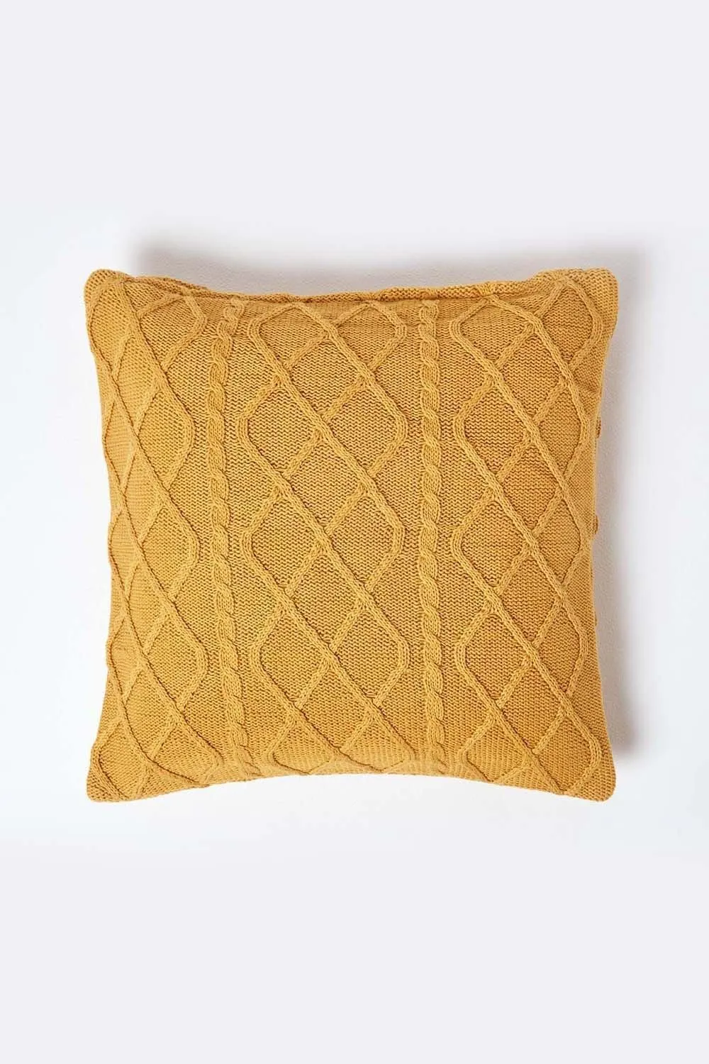 Homescapes Diamond Cable Knit Cushion Cover in Mustard