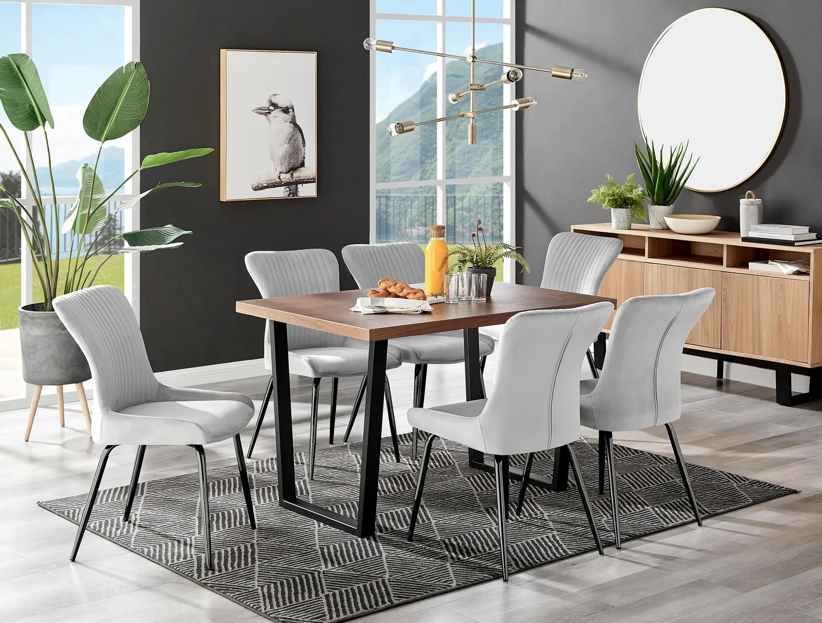 FurnitureboxUK Kylo Large Brown Wood Effect Dining Table & 6 Nora Black Leg Velvet Chairs in Light Grey 1