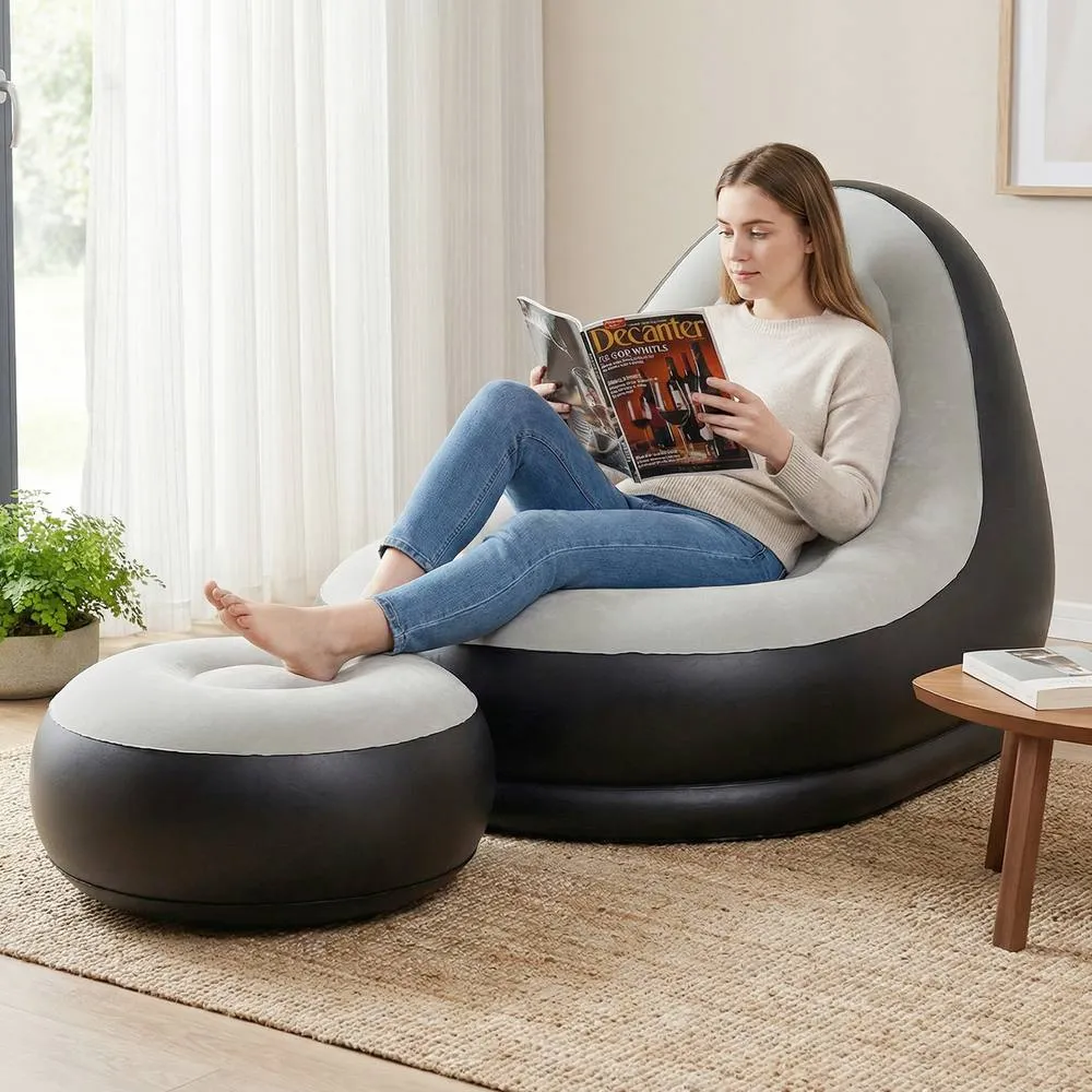 Costway Inflatable Lounge Sofa w/ Ottoman Air Sofa Blow up Single Couch in Grey 3