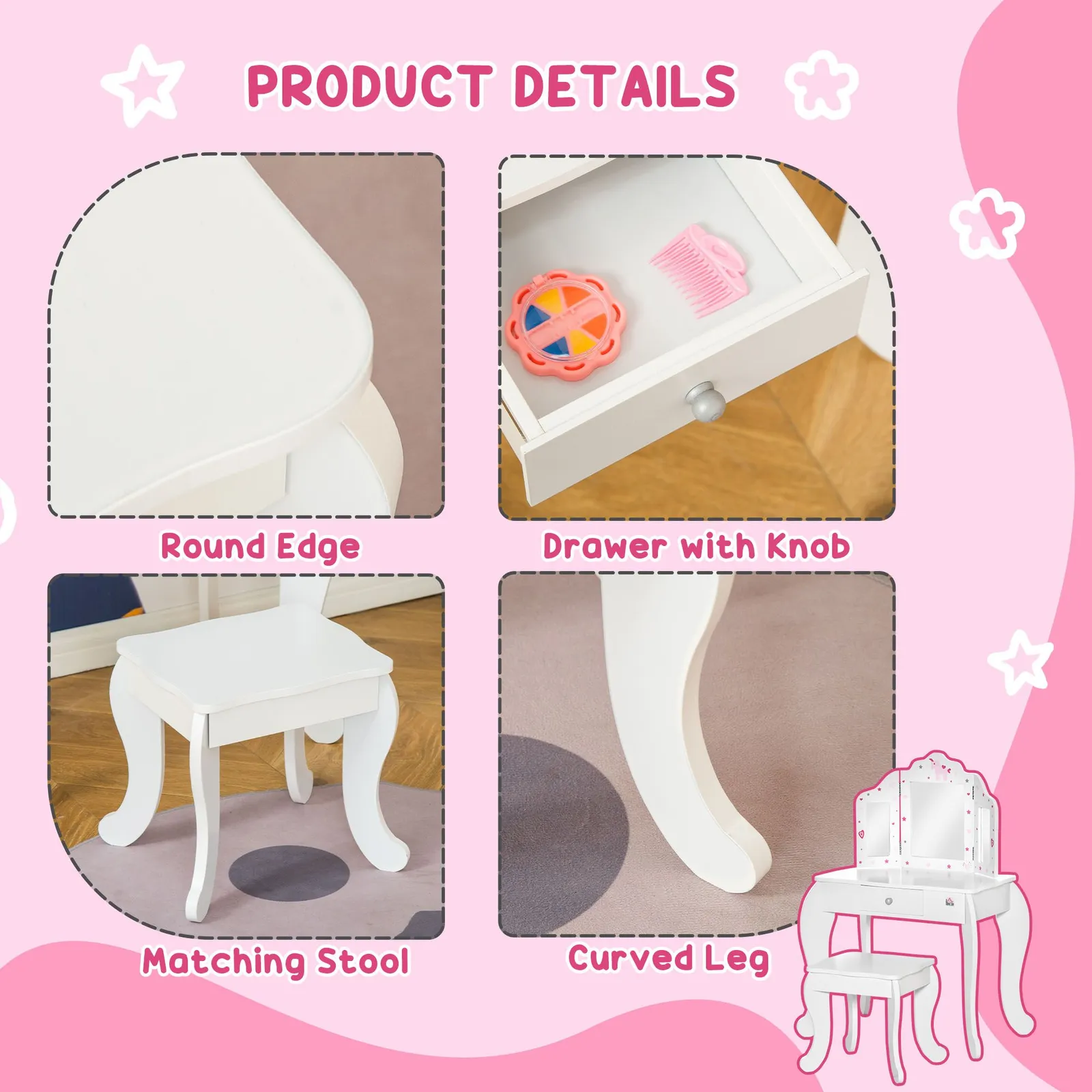 HOMCOM Makeup Dressing Table Set with Tri-Folding Mirror & Drawer in White 6