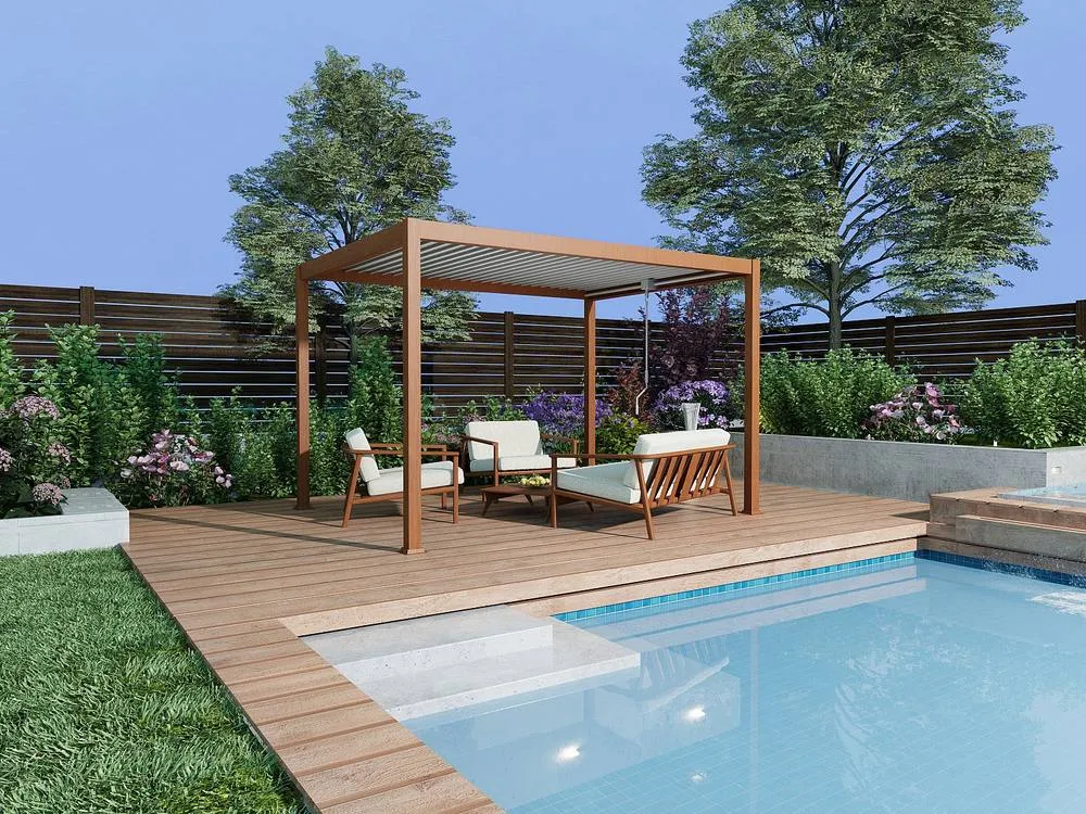 Vente-unique Freestanding Bioclimatic Aluminium Pergola With Adjustable Louvres in Walnut