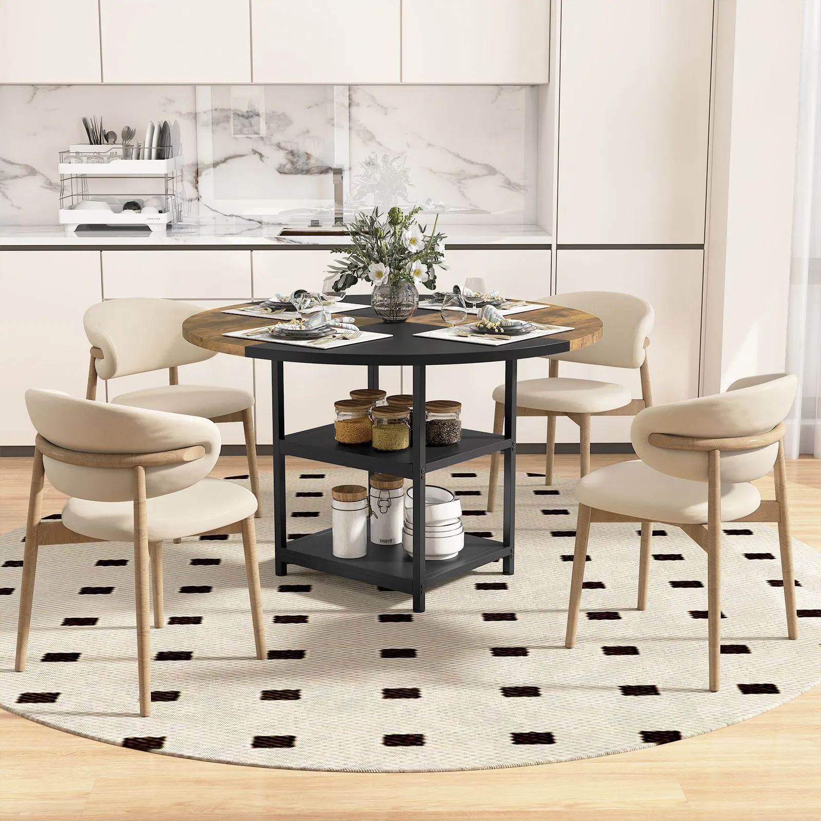 Costway Round Wooden Kitchen Table Dining Table w/ Storage Shlef 5