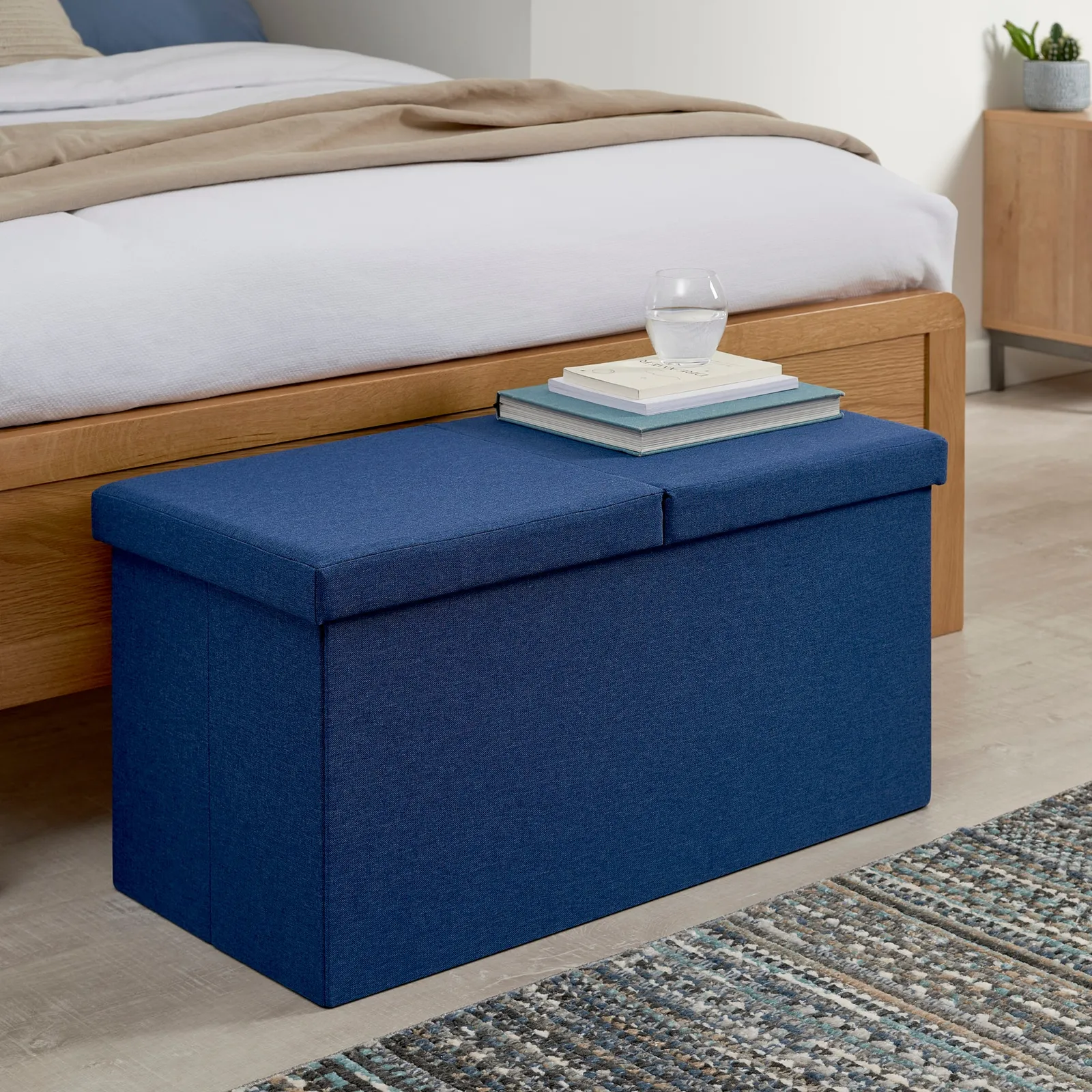 Split Lid Navy Ottoman Faux Linen Navy