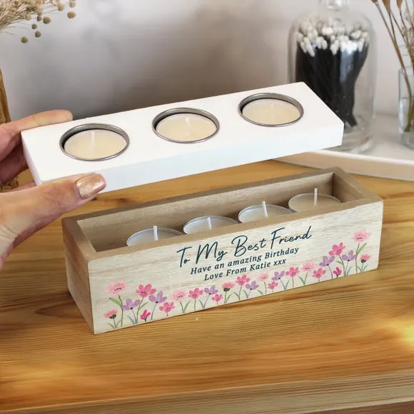 Personalised Floral Wooden Triple Tealight Holder 2