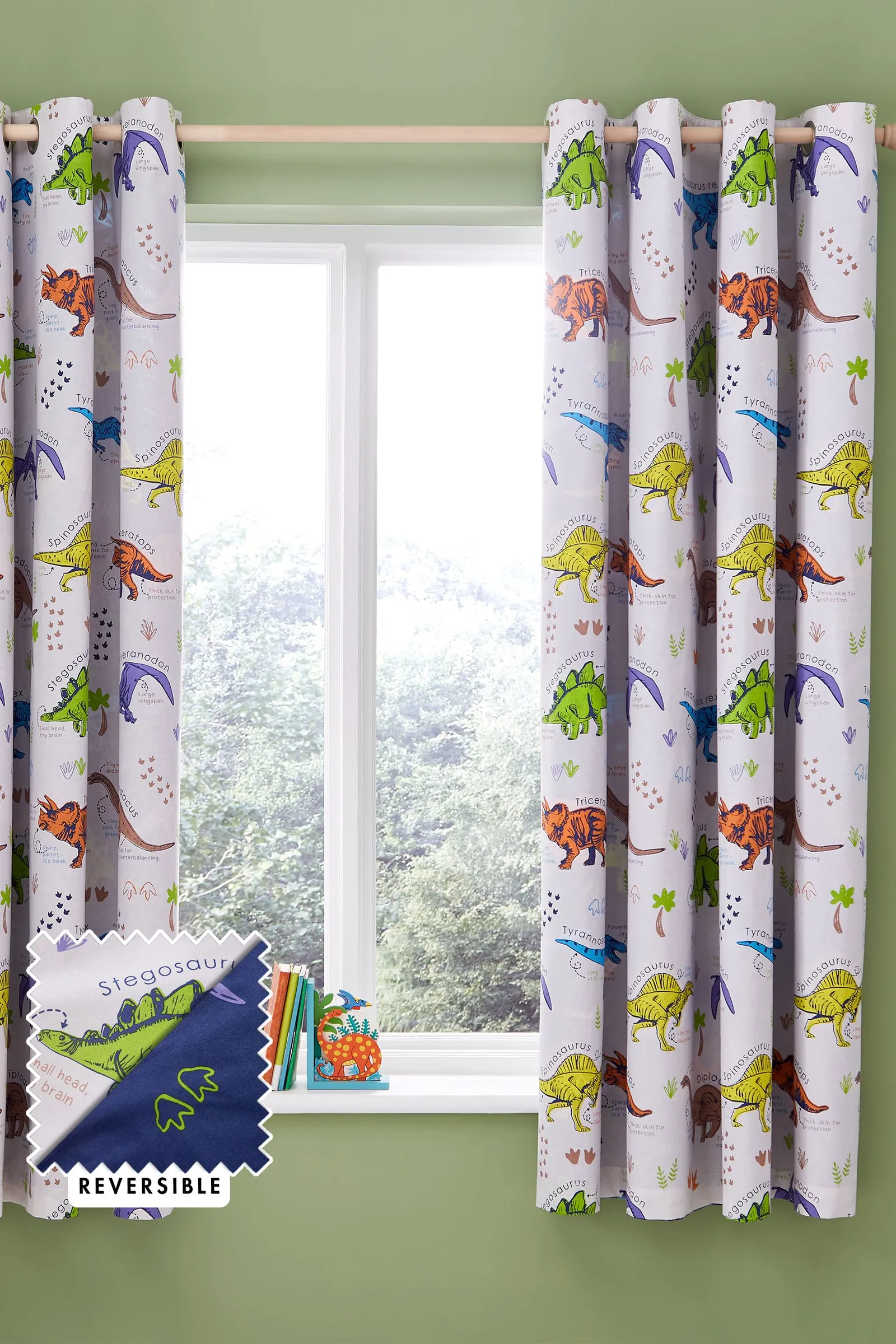 Catherine Lansfield 'Prehistoric Dinosaur' Reversible Lined Eyelet Curtains in Natural