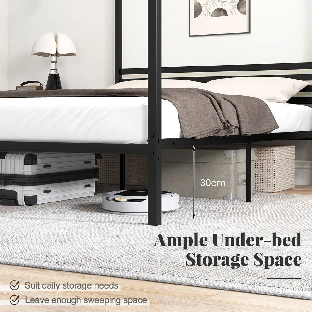 Costway Double Size Canopy Bed Frame 200x140cm Metal Platform Bed w/ Headboard in Black 4