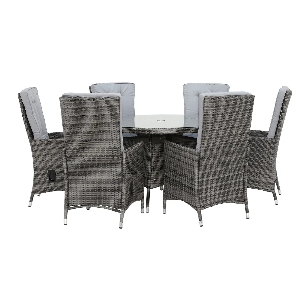 Tiverton 6 Seat Round Garden Dining Set in Grey Weave with Grey Fabric