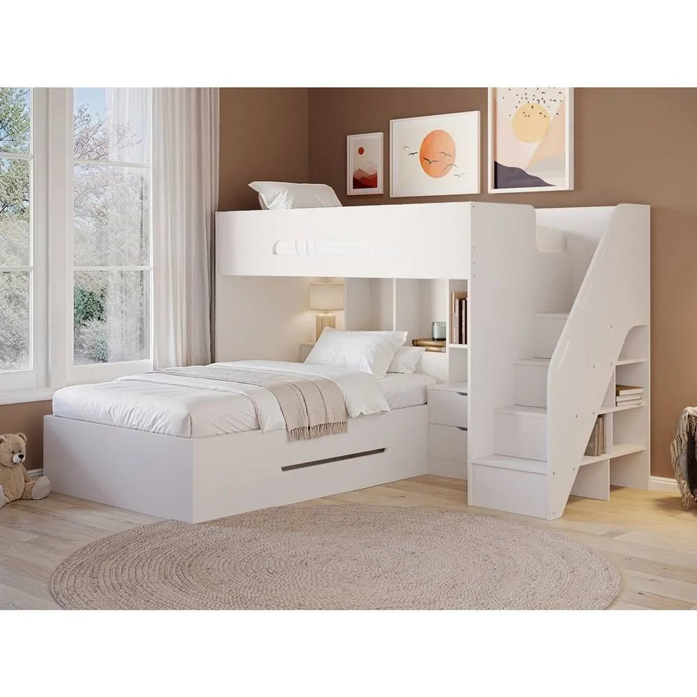 Flair Greyson Staircase Triple Bunk Bed with Storage in White
