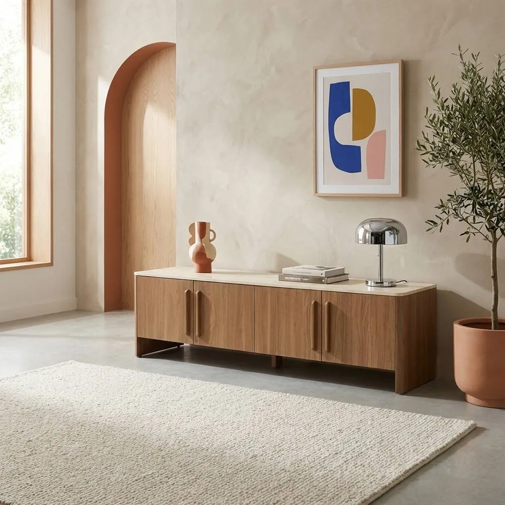 sweeek 4-door TV stand 180 cm with travertine effect top & wood decor in Dark Brown