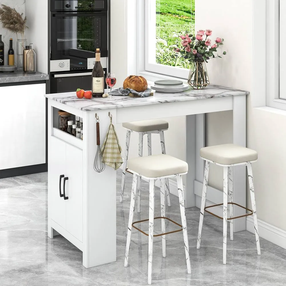 Costway Faux Marble Bar Table Pub Table w/Hooks & Cabinet Kitchen Dining Table in White 3