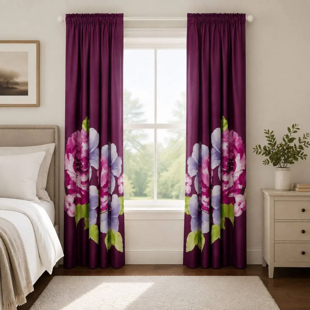 Smart Living Grace Floral Curtains Pair with Tie Backs - Large Flower Print in Aubergine