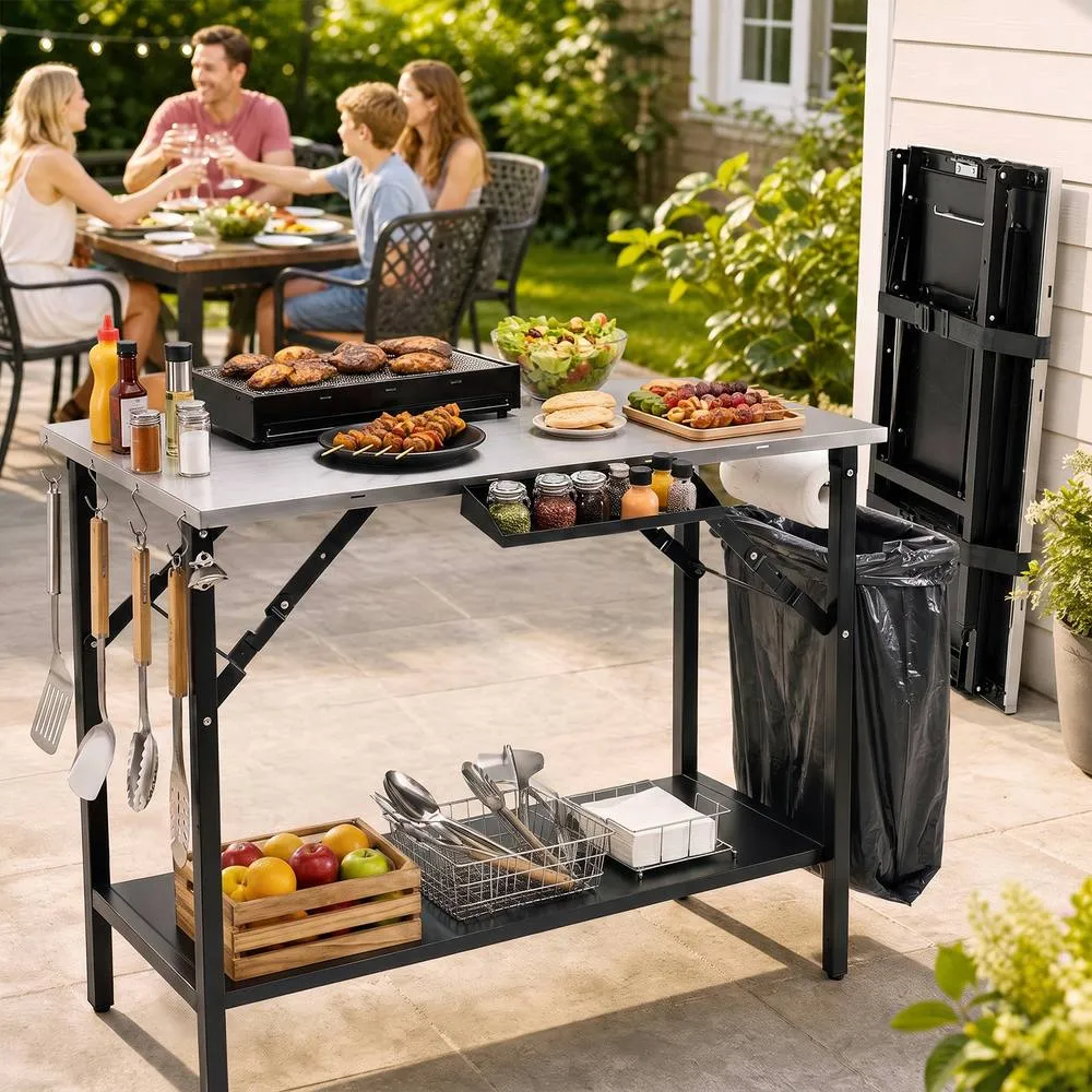 Costway Portable Grill Prep Table w/ Trash Bag Holder, Paper Towel Rack in Black 4
