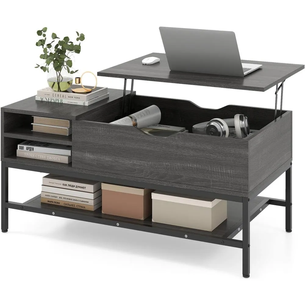 Costway Lift Top Coffee Table Living Room Table w/ Storage Shelf in Grey