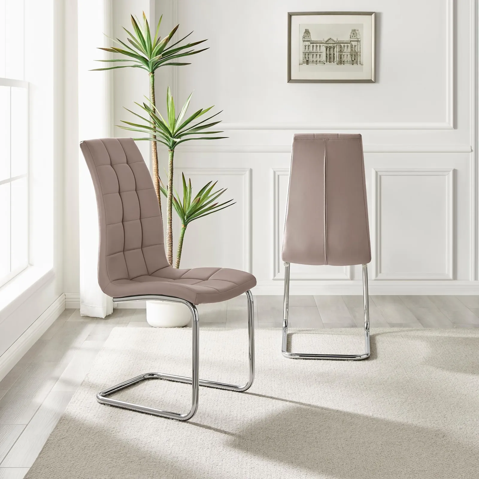 FurnitureboxUK Set of 2 Murano Deep Cushioned Soft Touch Faux Leather Dining Chairs With Silver Chrome Metal Legs in Beige 3