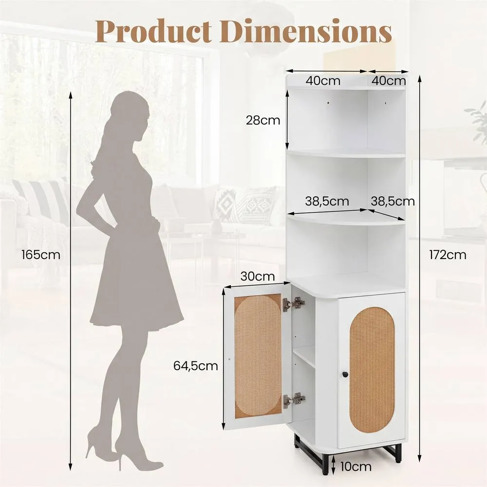 Costway PE Rattan Corner Cabinet 172cm Tall Corner Bookcase w/2 Doors &Shelves in White 2