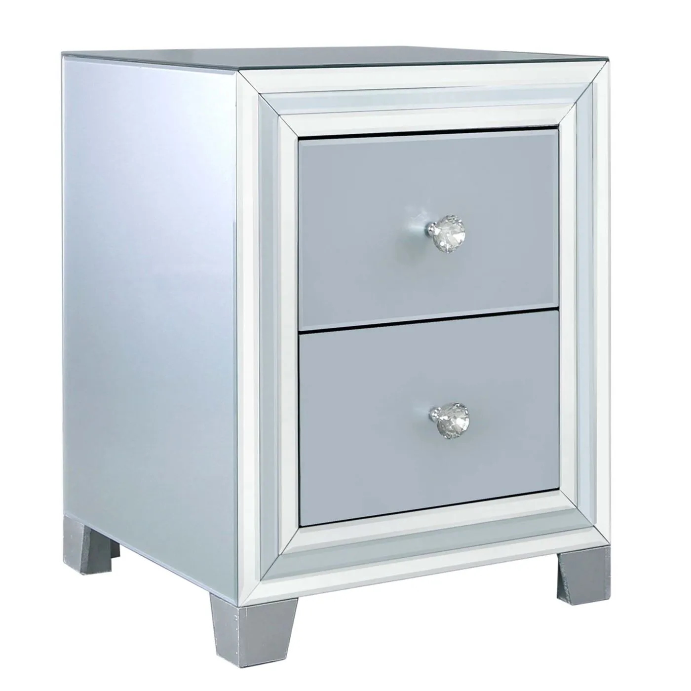 Quartz 2 Drawer Bedside Cabinet, Grey Glass and Mirror
