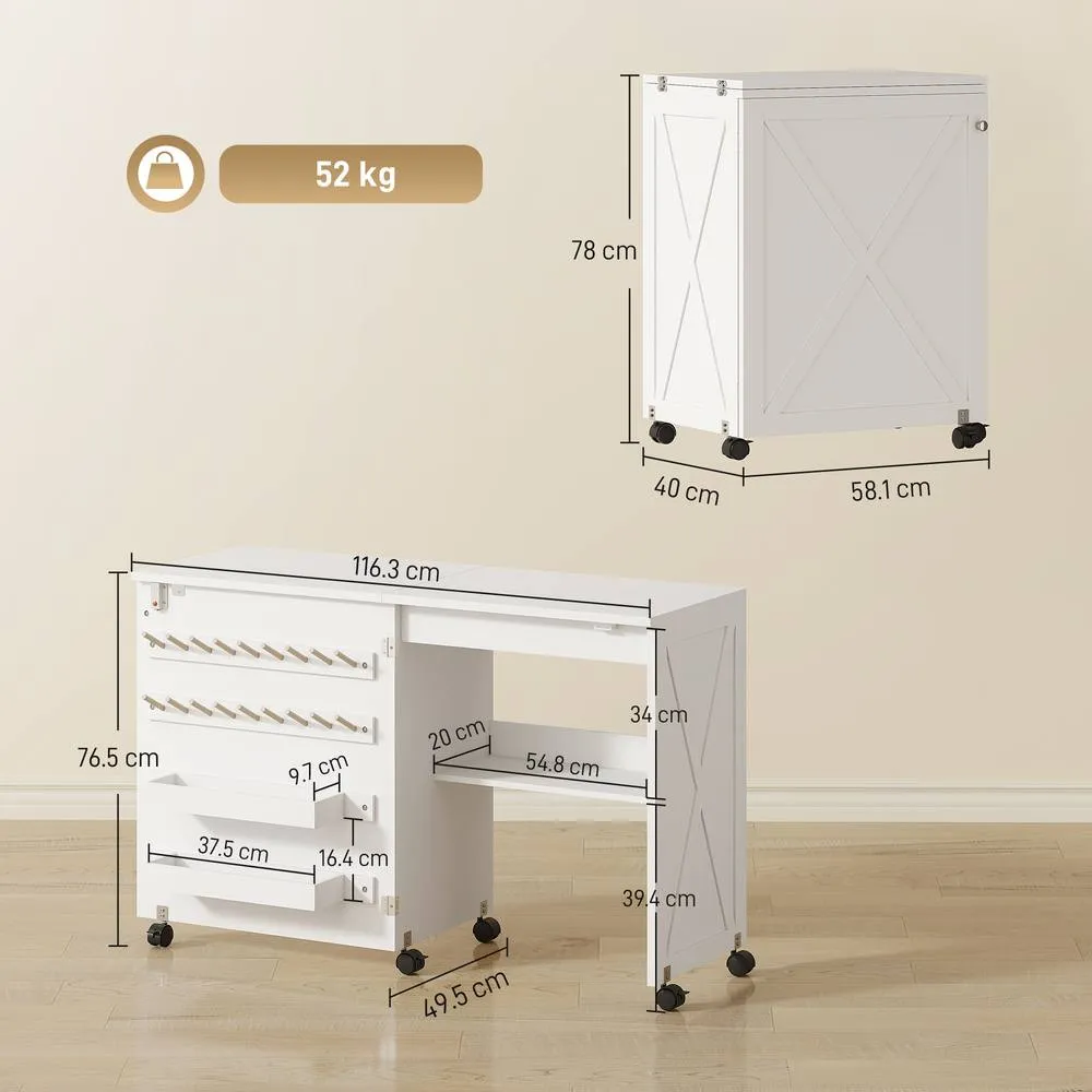 HOMCOM Folding Sewing Table, Craft Table with Storage compartments, White 3