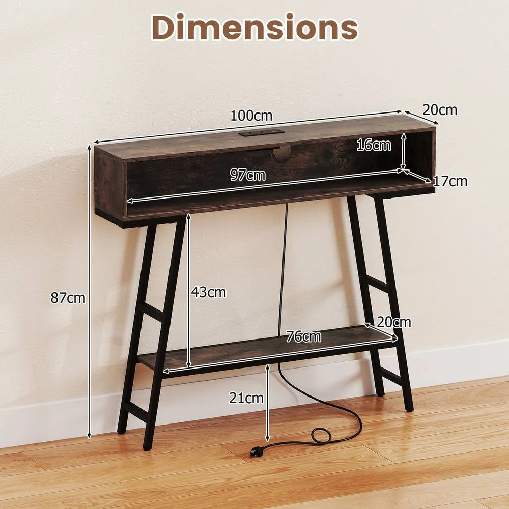 Costway 3-Tier Console Table Entryway Table Narrow Sofa Table w/ LED Light in Brown 2