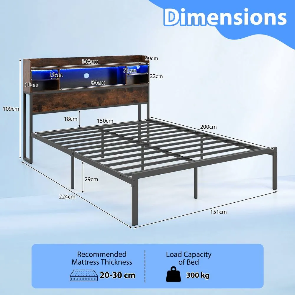 Costway King Size Bed Frame w/LED Lights&Charging Station Metal Platform Bed in Brown 2