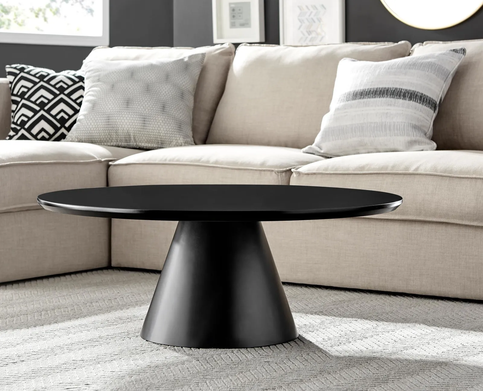 FurnitureboxUK Palma Round Coffee Table with Pedestal Pillar Base & Semi-Matte or High Gloss Finish for Modern Minimalist Industrial Look in Black 2