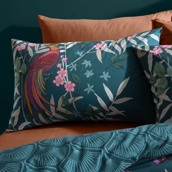 Catherine Lansfield Tropical Floral Birds Reversible Green Duvet Cover & Pillowcase Set 2