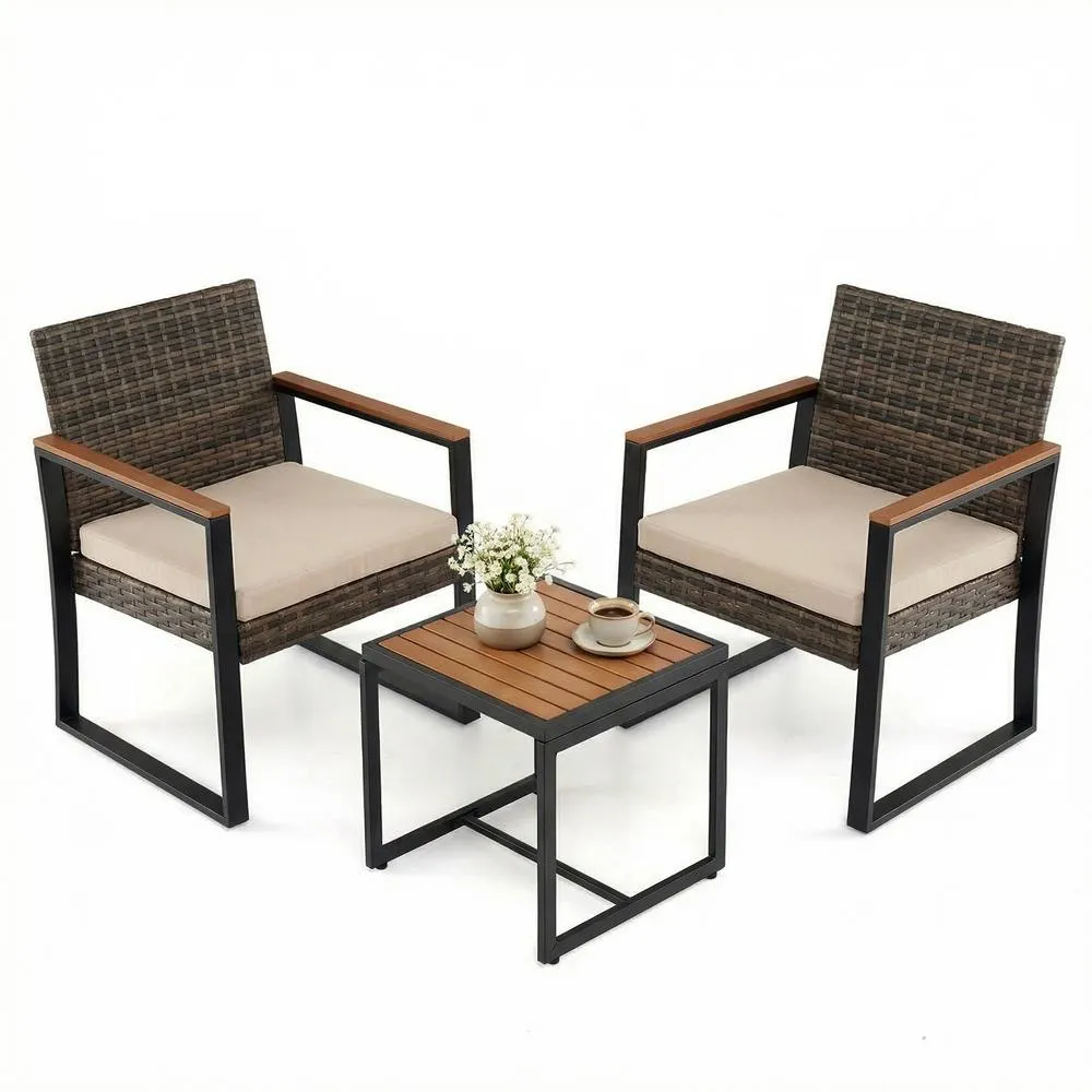 Costway 3PCS PE Wicker Patio Conversation Set Bistro Set w/Cushion &Side Table in Beige 3