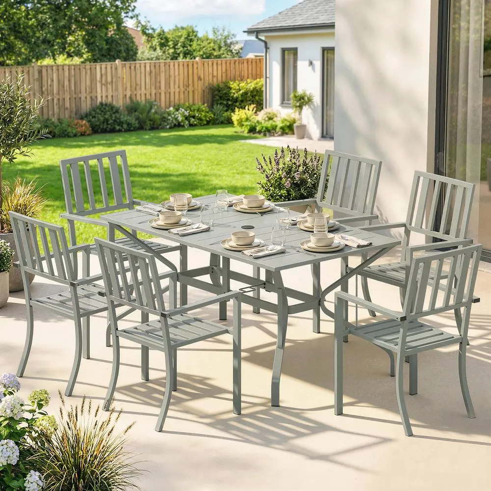 OUTSUNNY 7 Pieces Patio Dining Set with Umbrella Hole for Garden, Light Grey