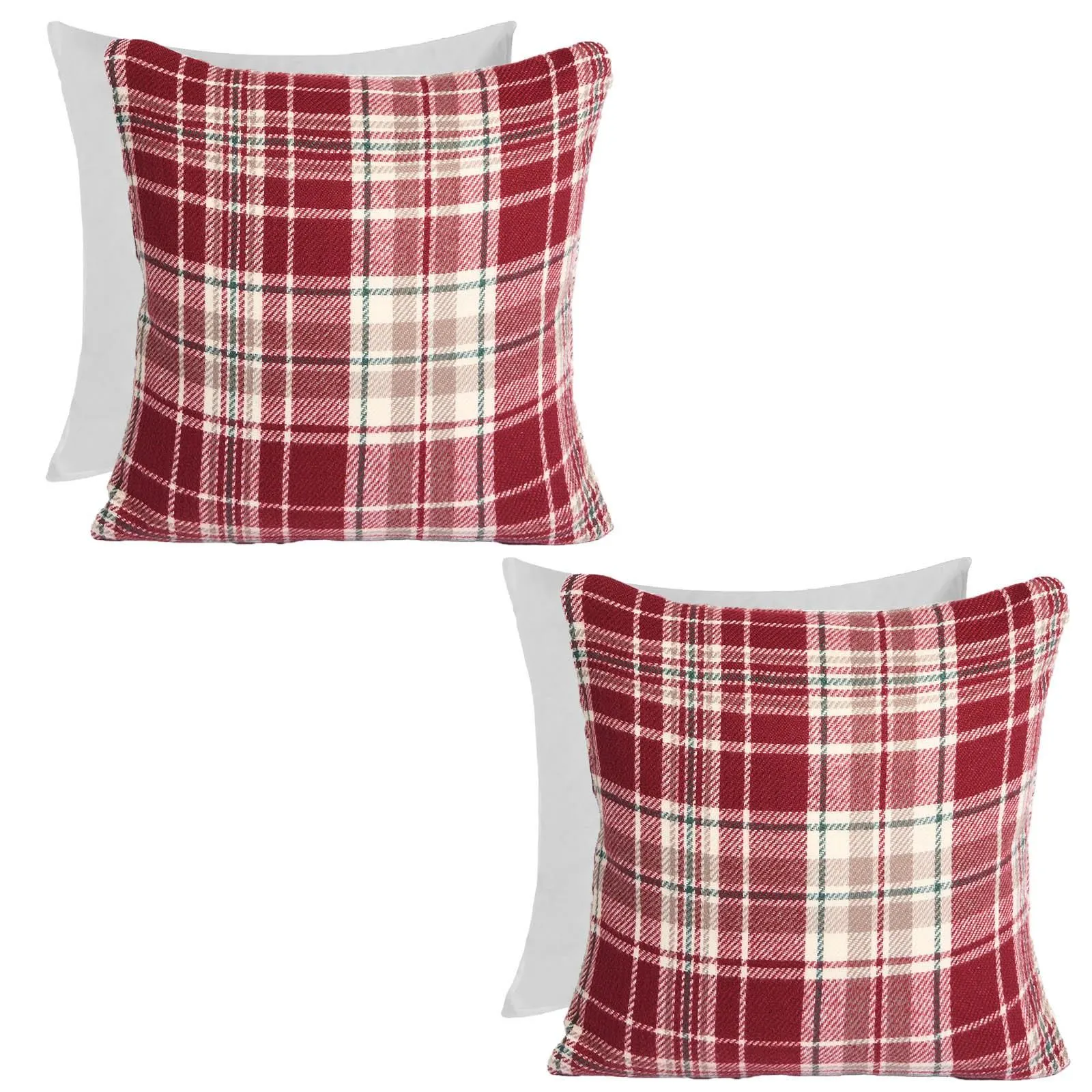 OHS Woven Check Cushion Covers Tartan Pack of 2 Filled Case Pad Set Home in Red