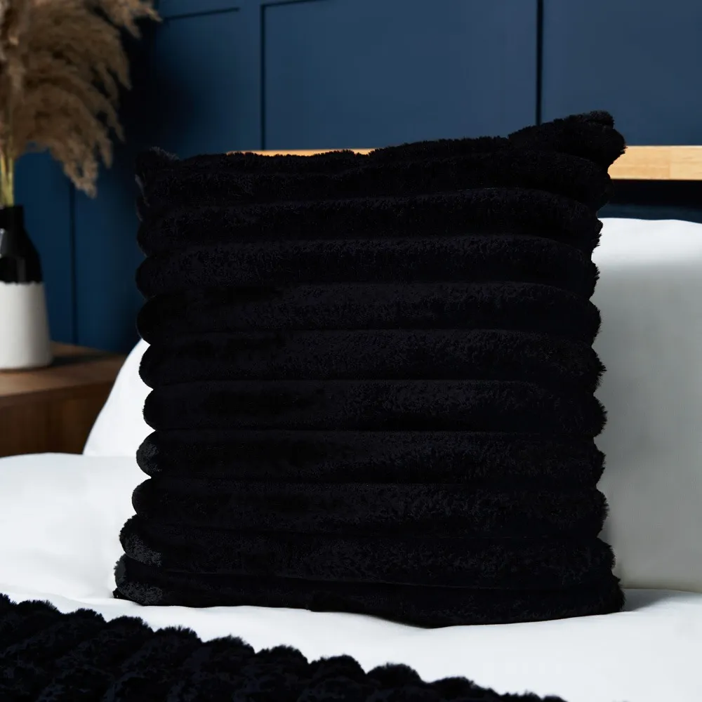 Jumbo Cord 45cm Cushion with Plain Velvet Backing, Black 1