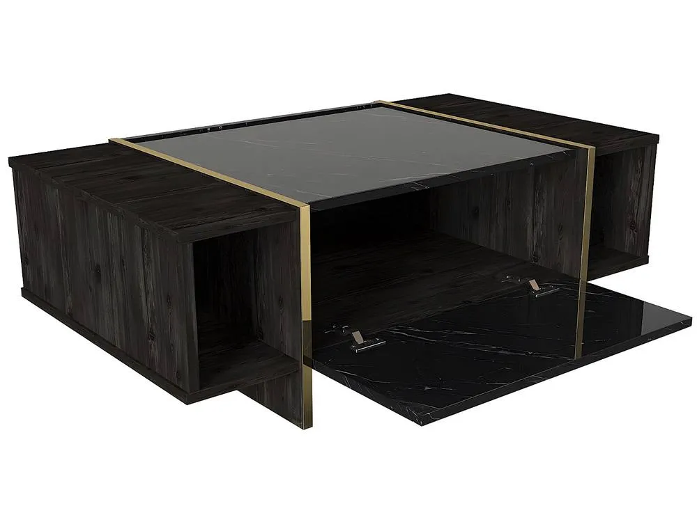 Vente-unique 1 - Door & 2 - Compartment Coffee Table - Black Marble Effect, Dark 6