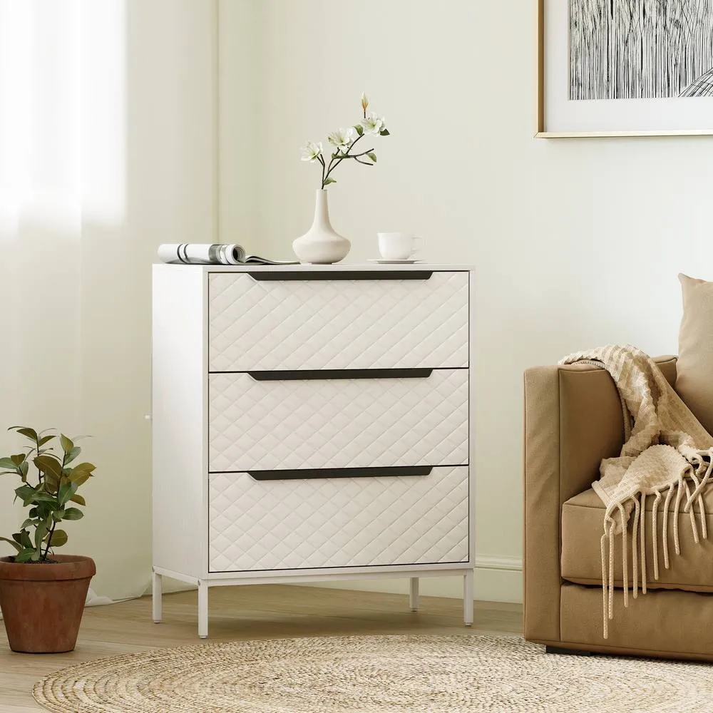 HOMCOM Chest of Drawers, 3 Fabric Drawer Dresser, Aluminium Handles in White