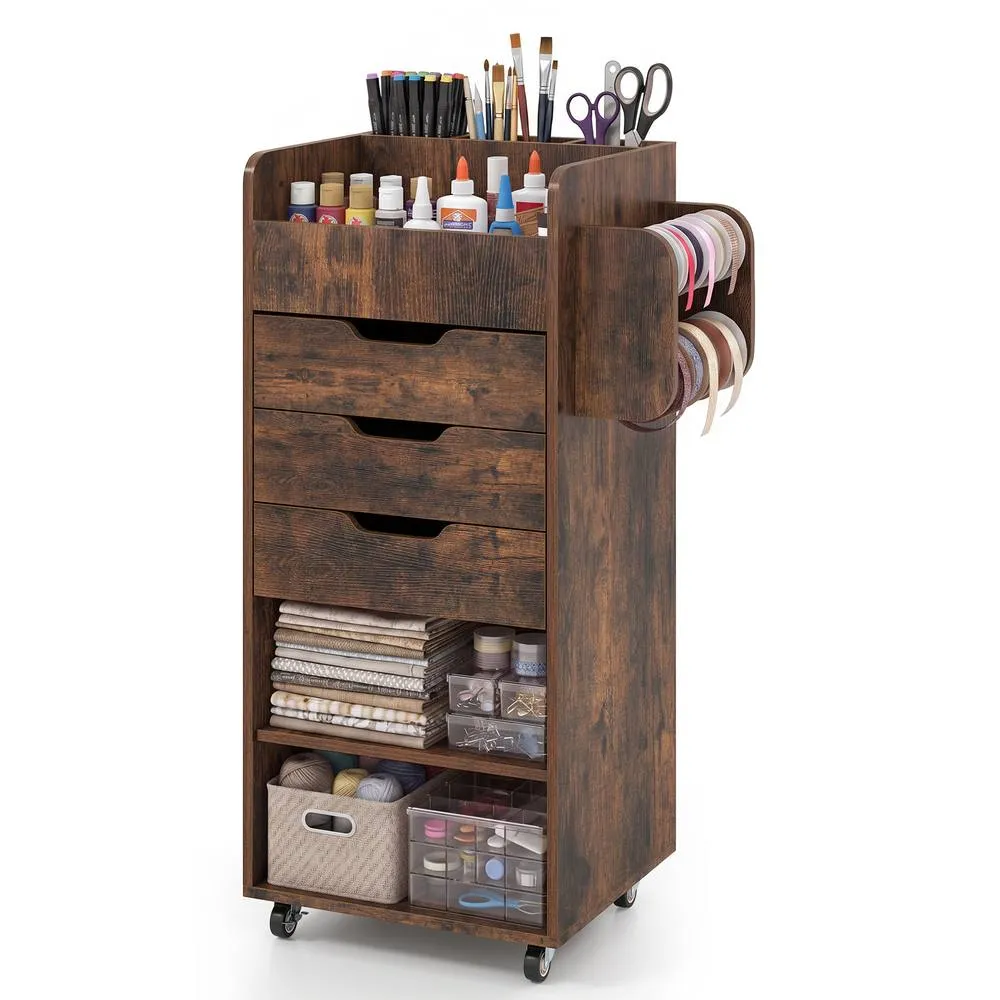 Costway Rolling Storage Cart Mobile Storage Cabinet with 3 Drawers in Brown 5